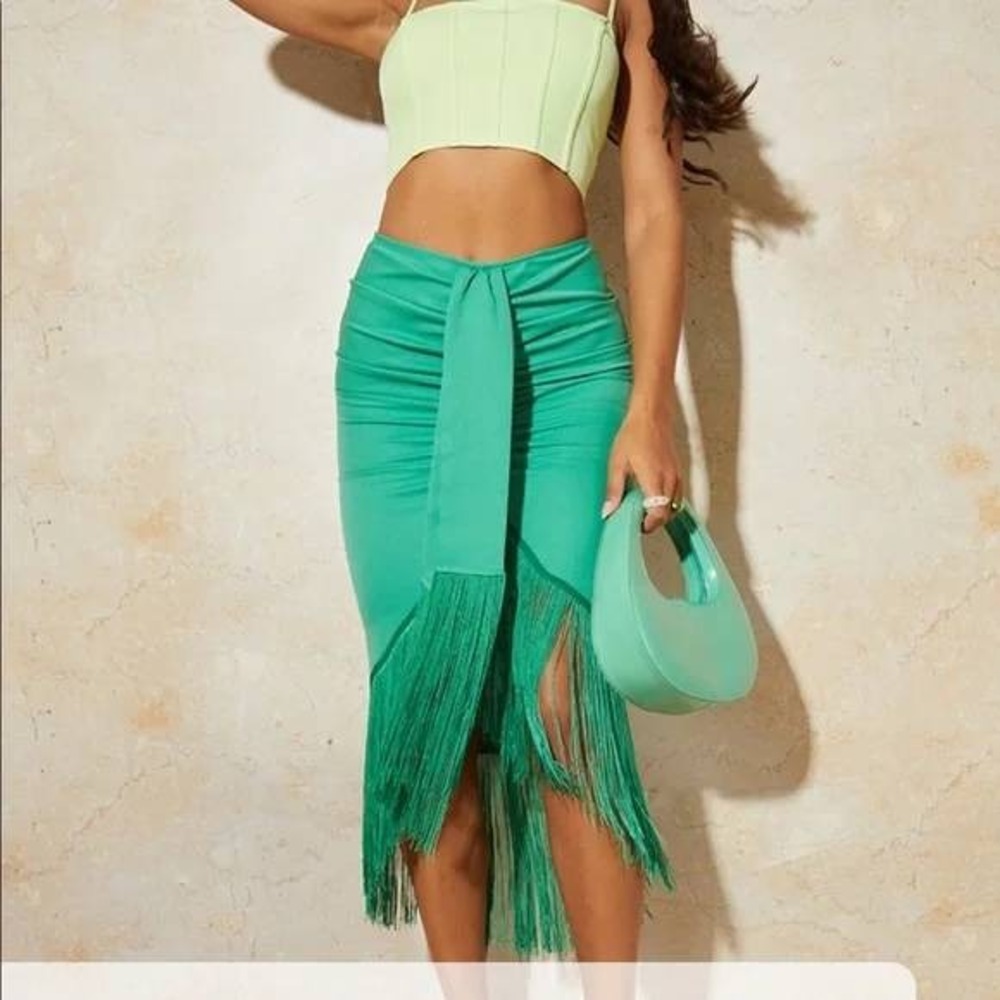 Ma Cherie Green Ruched Fringe Midi Skirt Wrap Front Tie Detail MSK4068 New (61)
